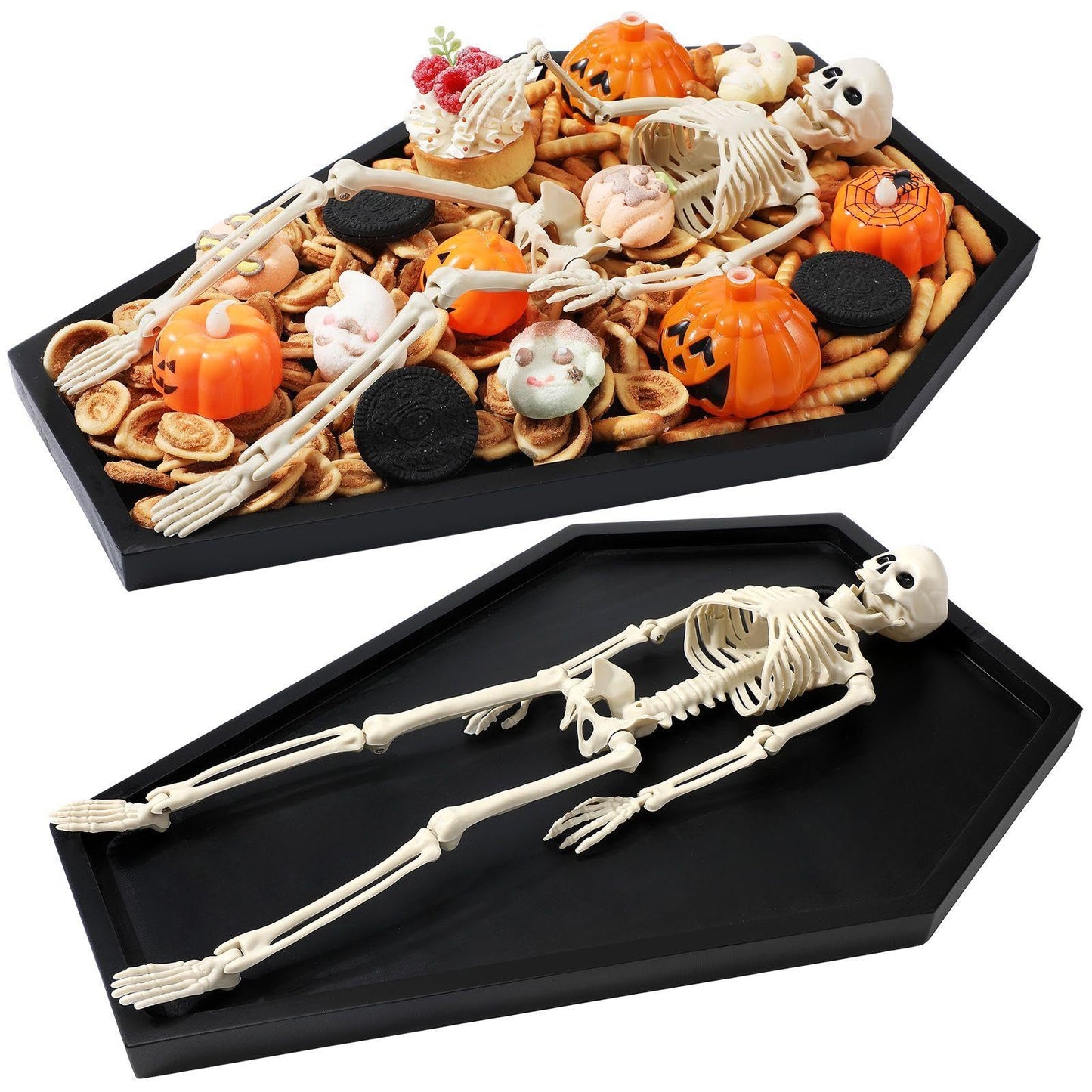 Seeloowy 17.8'' Halloween Coffin Charcuterie Board with 16" Skeleton Large Wooden Coffin Serving Tray Board Skeleton Spooky Gothic Home Decor for Halloween Party Gothic Accessories