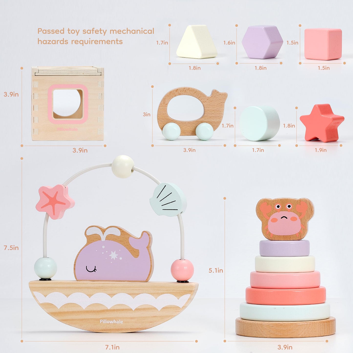 Pillowhale Montessori Wooden Toys Set for Toddlers 12M+ – 4-in-1 Educational Toy with Stacking Rings, Shape Sorter, Bead Maze & Push Car
