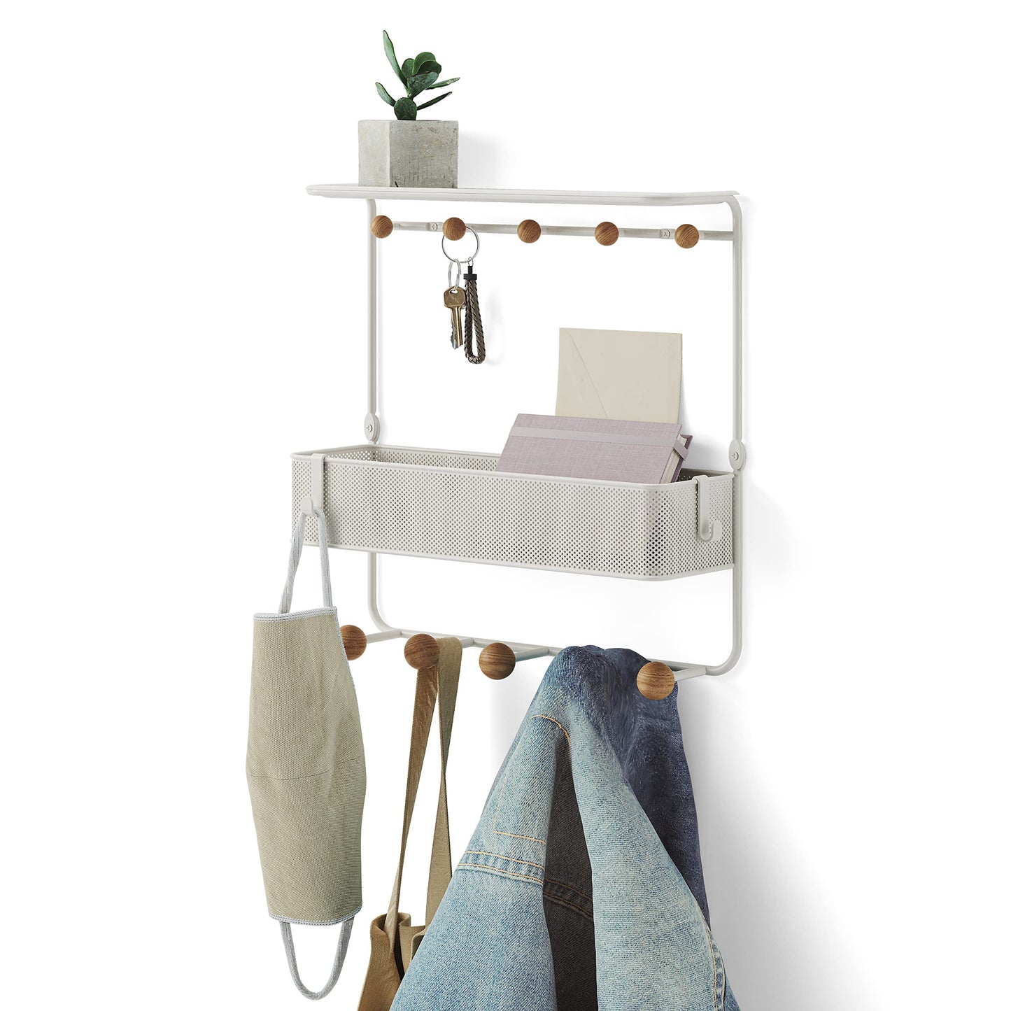 Umbra Estique Entryway Organizer Storage Solution with Cubby Bin, Shelf and Hooks for Keys, Mail, Glasses, Wallet, Purse, Hat, and More, White