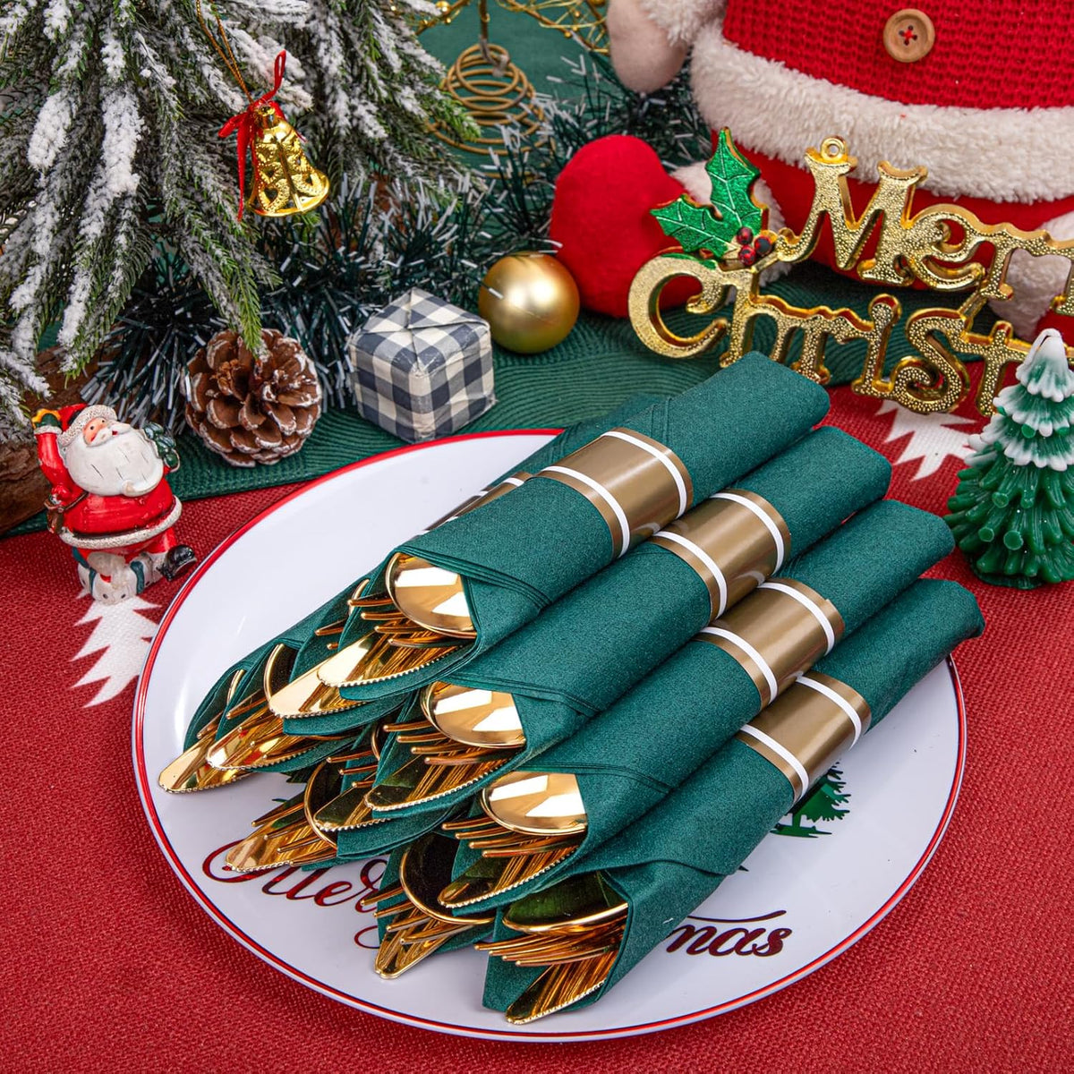 Supernal Gold Plastic Silverware with Green Napkins,Gold Silverware Disposable,Wrapped Plastic Cutlery Set with Napkin,Pre Rolled Silverware Set Disposable,Christmas Cutlery Suitable for 30 Guests