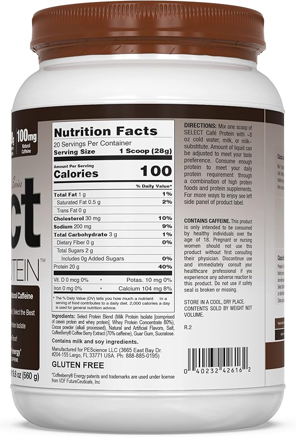 PEScience Select Cafe Coffee Protein Powder, Iced Mocha 20 Servings, Whey and Casein Blend, Natural Caffeine, Clean Isolate Protein for Women and Men