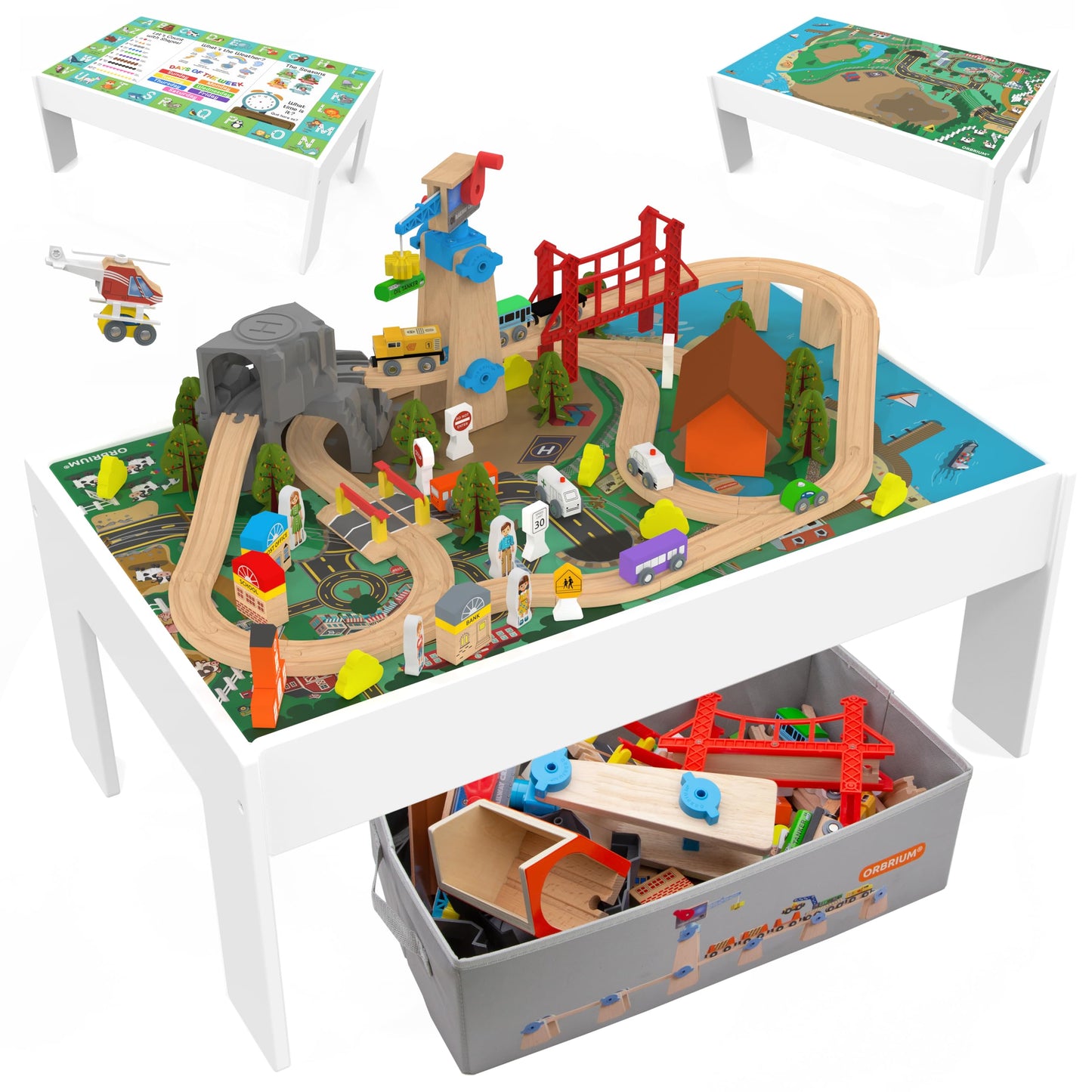 2 in 1 Train Table and Learning Activity Table 112 Pc Wooden Train Set Reversible Educational Top Storage Bin Montessori STEM Play Center Compatible with Thomas Brio Melissa and Doug Toddlers Kids