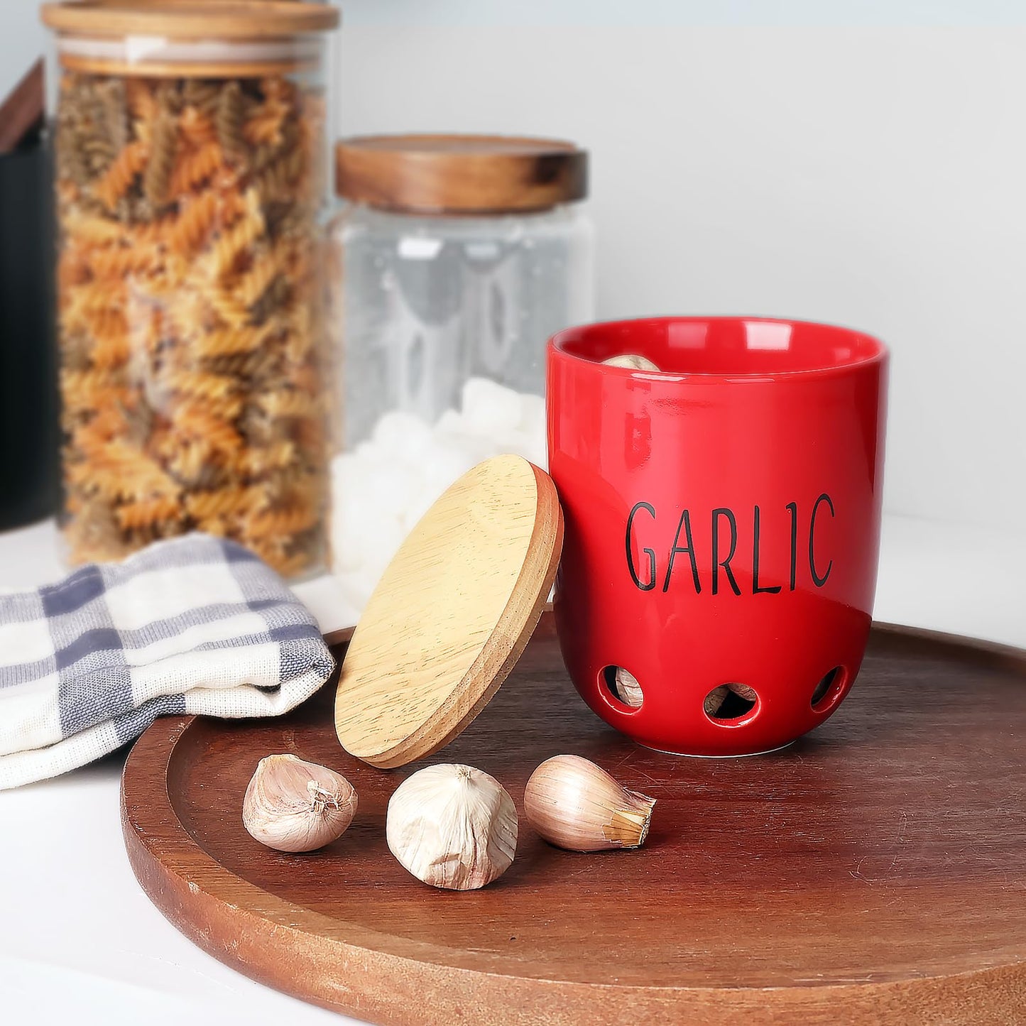 HAOTOP Ceramic Garlic Keeper for Counter, Garlic Saver Container with Wood Lid, Garlic Keeper for Kitchen, Garlic Holder to Keep Your Garlic Cloves Fresh Longer (Red)