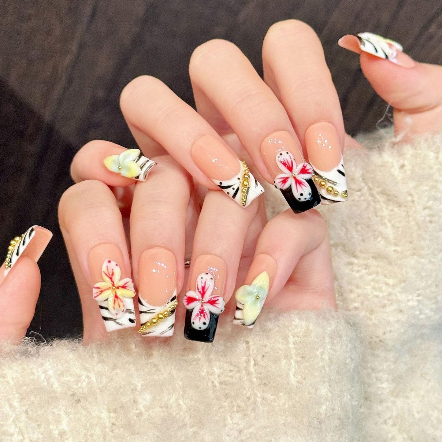 10 Pcs Handmade Press on Nails Medium Square Fake Nails with 3D Flower Design Tiger Stripe French Tip False Nails M Size Press Ons Nails Square for Women Summer Acrylic Manicure