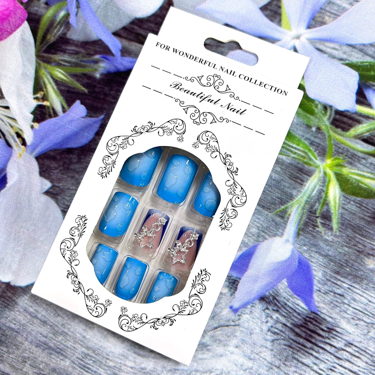 3D Press On Nails - Short Square Metal Stars Chain Design False Nails - Full Cover Blue Smudge Artificial Acrylic Coffin Nails - Reusable Glue On DIY Stick On Nails for Women - 24 Pcs