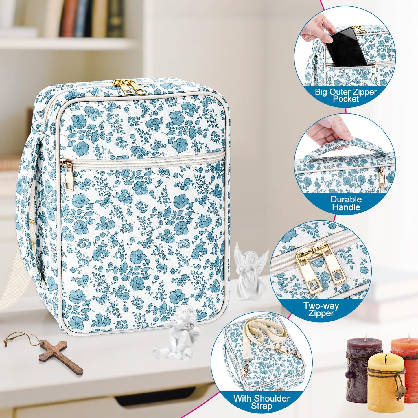 SelfTek Bible Cover Case for Women - Large Quilted Bible Cases for Woman Organizer with Handle & Shoulder Strap, Bible Study Supplies Accessories Christian Gifts (Blue)