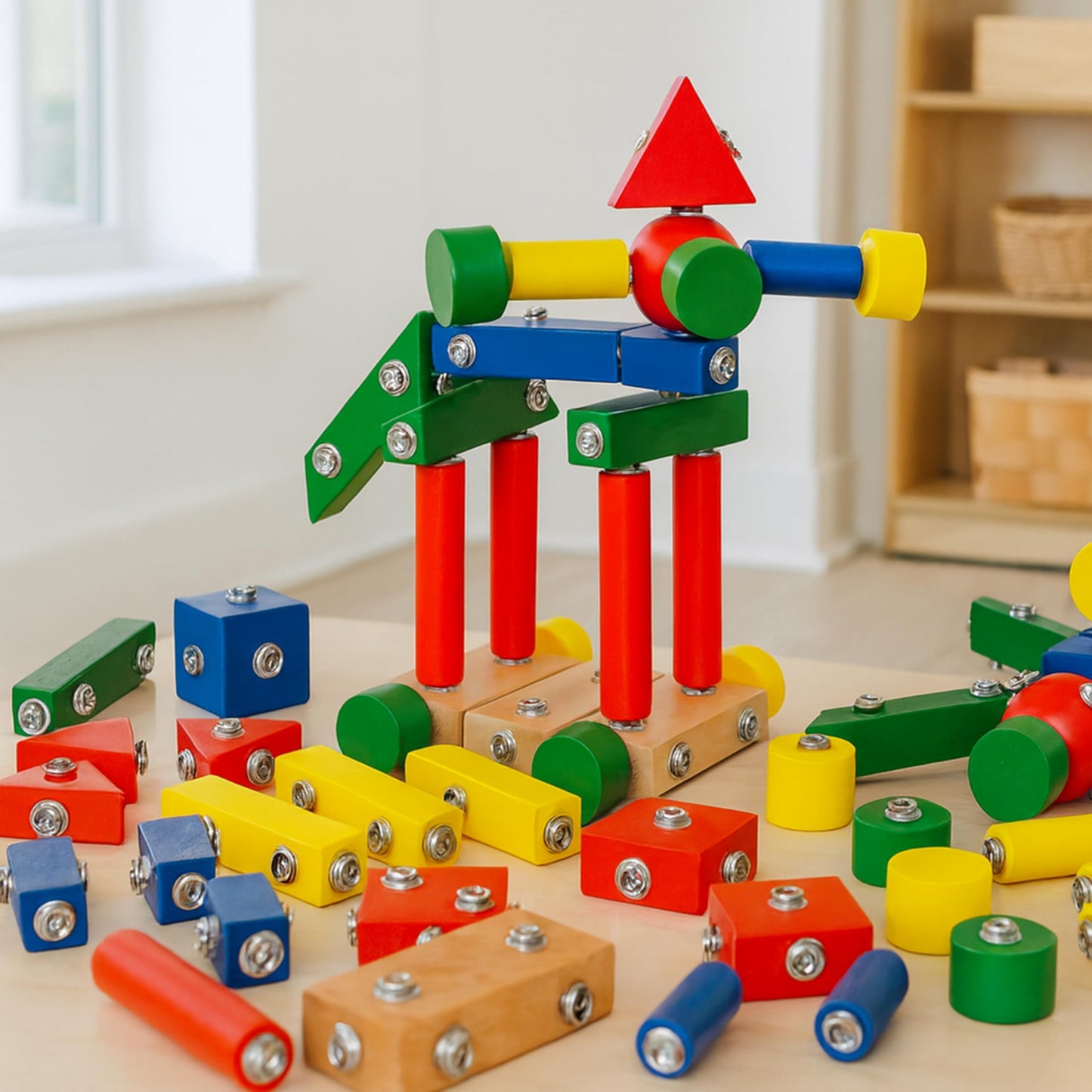 Constructive Playthings Children's Snap N Play Building Blocks for Toddlers 3-5 Years with Drawstring Bag for Block Storage, STEM Toys, Durable Hardwood Manipulatives, Multicolor, 65 pcs.
