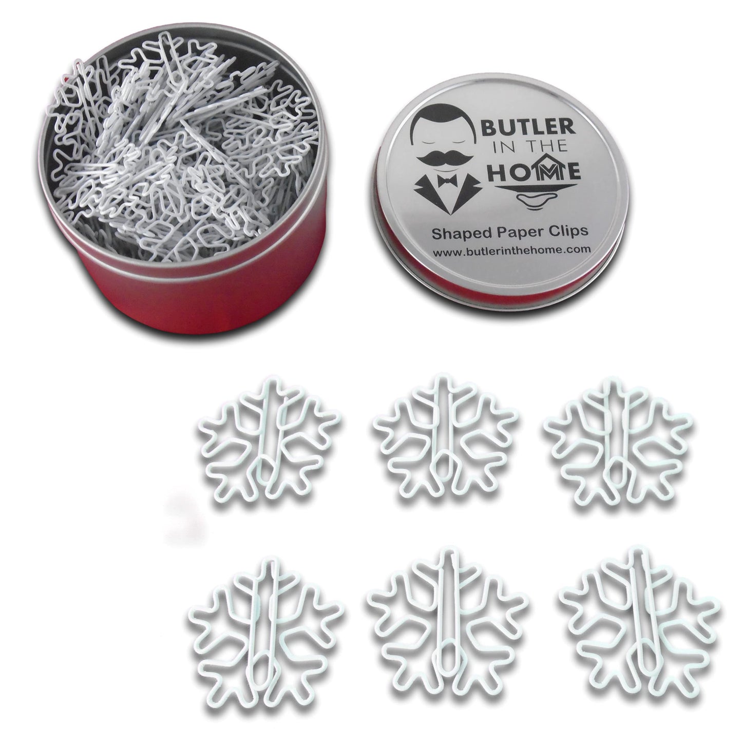 Snowflake Shaped Paper Clips (100 Count) in Tin – White Decorative Clips for Office, Desk Organization & Gifts – Butler in the Home