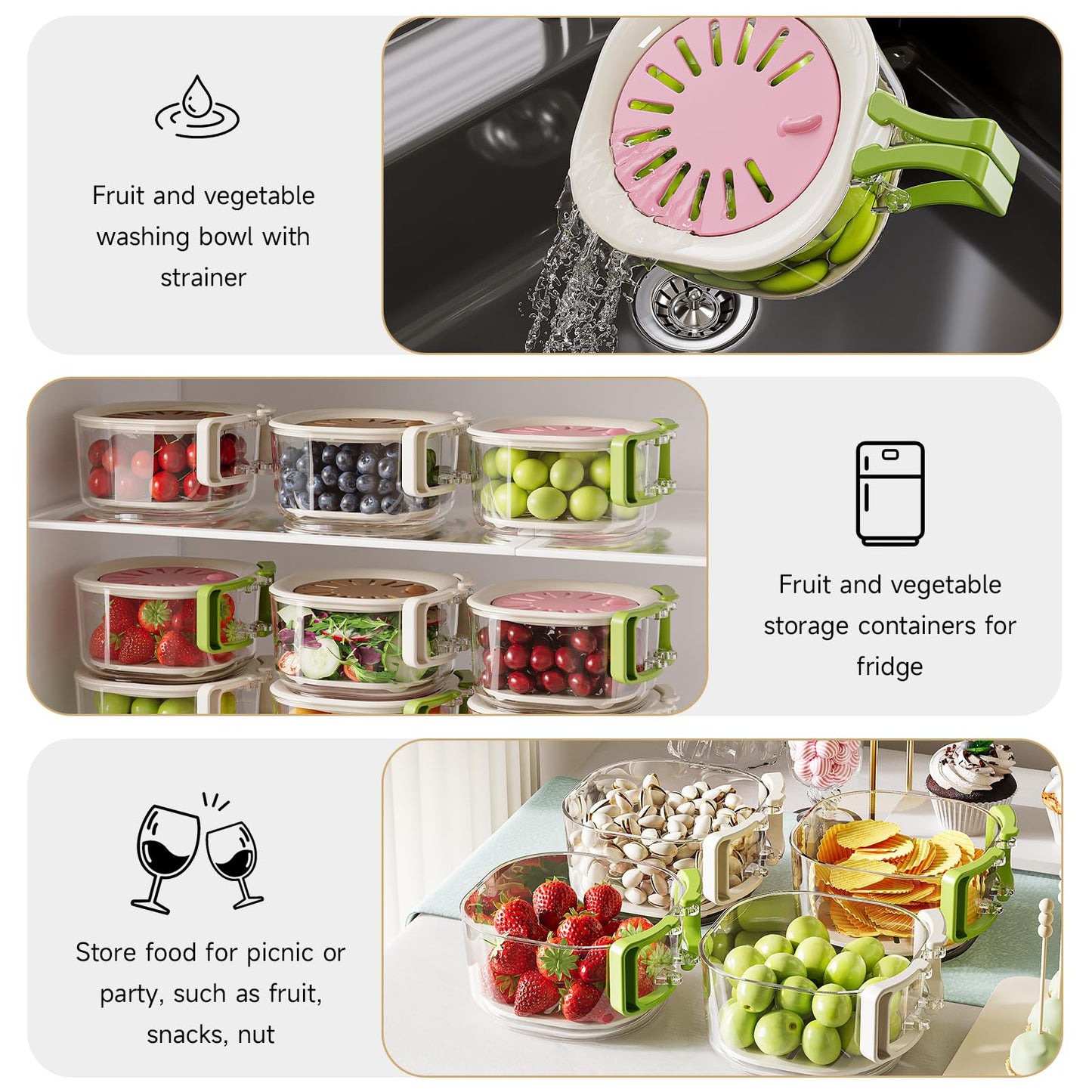 Fruit Vegetable Washing Bowl with Strainer, Multifunctional, Berry Lettuce Keeper for Fridge Refrigerator Organization, Portable Colander for Kitchen, Drainer Container With Lid, 2 Pack (Mix)