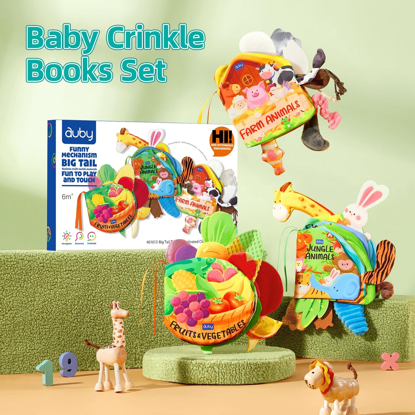 auby Baby Cloth Books - 3 Pack Soft Fabric Books for Babies with Crinkle Sound, Tactile Tails & Montessori Toys, Machine Washable