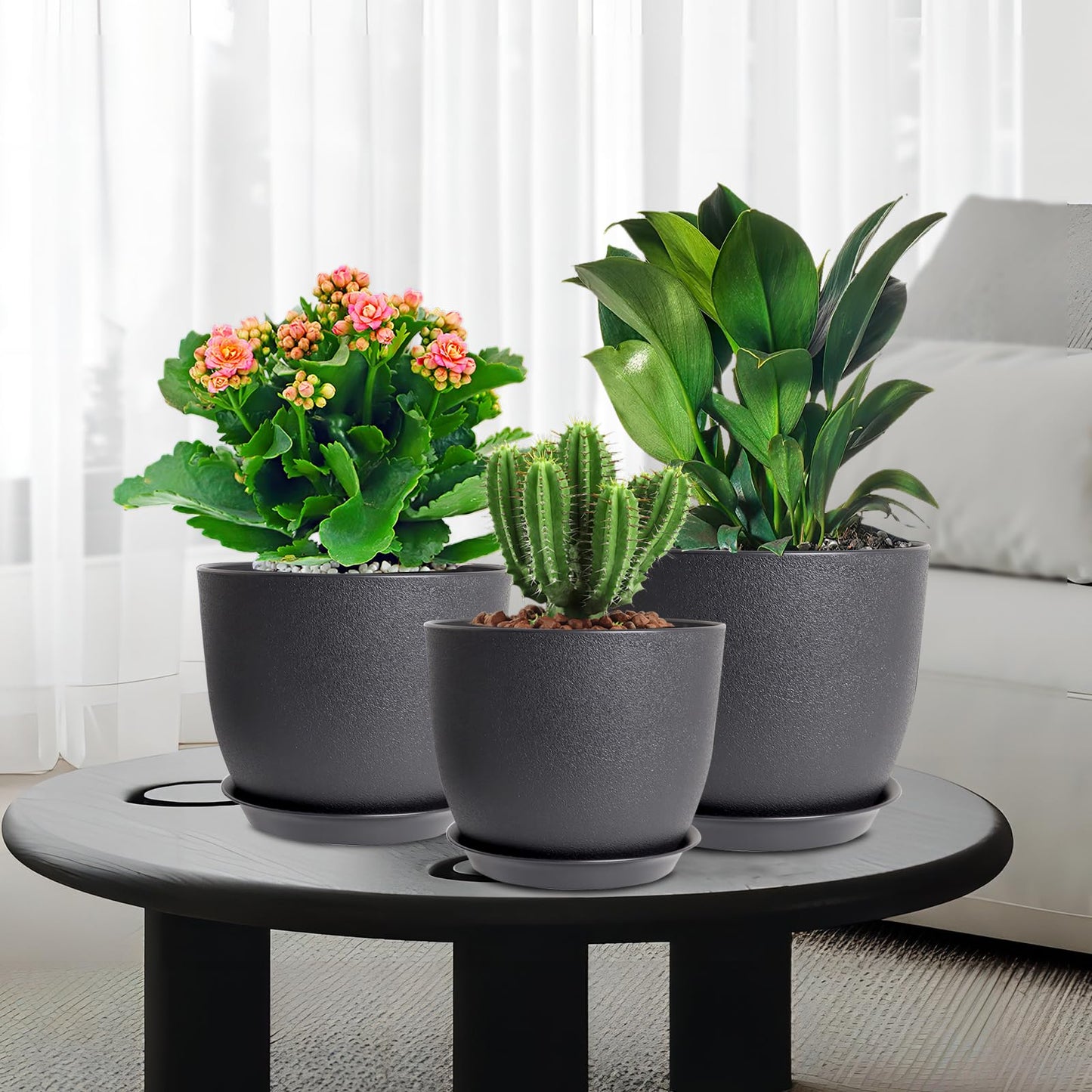 WSMKSZ 10/9/8 inch Medium Plant Pots, 3 Pack Modern Decorative Plastic Planters with Drainage Holes and Saucers, Flower Pots for Indoor Outdoor Plants, Black