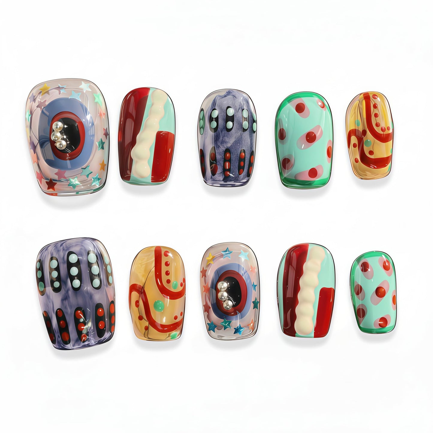Fine Point Handmade Press On Nails, 10pcs Short Ballerina Square, Gallery Pop Polka Dot Mix Print, Reusable Glue On False Nails (Size Medium)