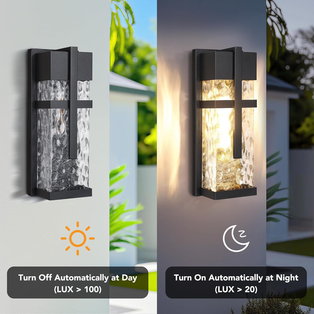Hammered Glass Outdoor Wall Lantern, Dusk to Dawn Wall Sconce Lighting, 2 Pack Outdoor Light Fixtures, Exterior Porch Light with Waterproof, Modern Wall Lamp for Garage, Doorway, Patio(Bulb Included)