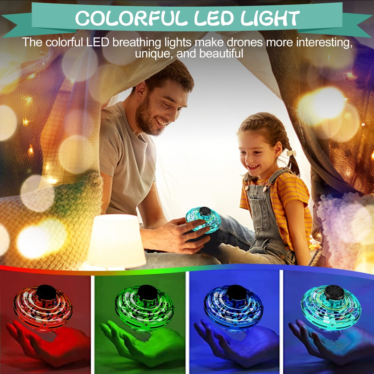 Flying Spinner, FingerToys Magic Flying Spinner, Mini Drones for Kids Adults, Hand Operated Drones Small Sensor Flying Ball Toy with LED Light Indoor Outdoor