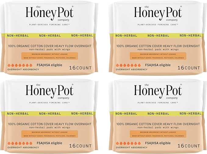 The Honey Pot Company - 64ct - Sanitary Pads for Women - Non-Herbal Heavy Overnight w/Wings - Organic Cotton Cover & Ultra-Absorbent Pulp Core - Feminine Care - FSA & HSA Eligible