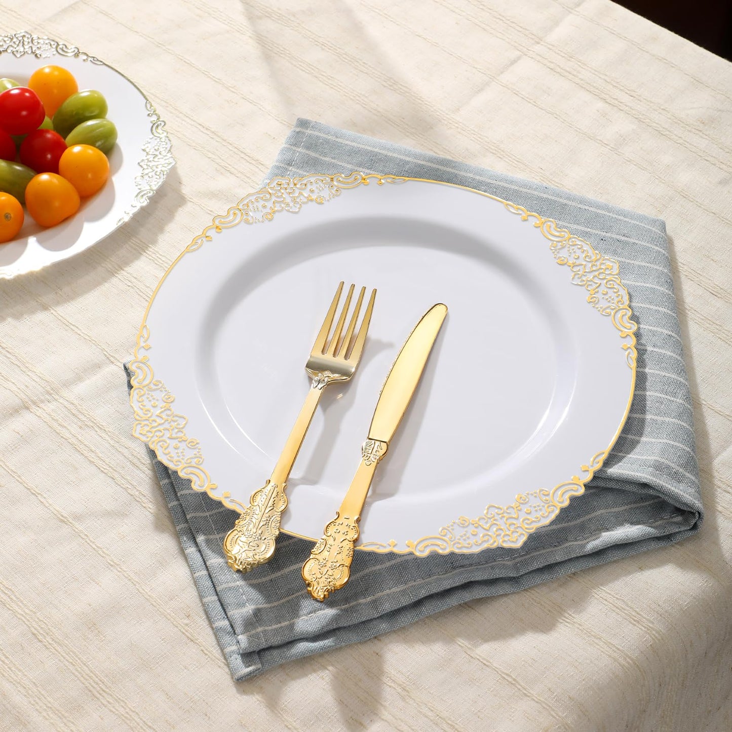 Goodluck 250 PCS Vintage White & Gold Rim Plastic Plates with Cutlery Set - Serves 50 - Heavy Duty Elegant Disposable Dinnerware for Formal Wedding, Catering, Upscale Party