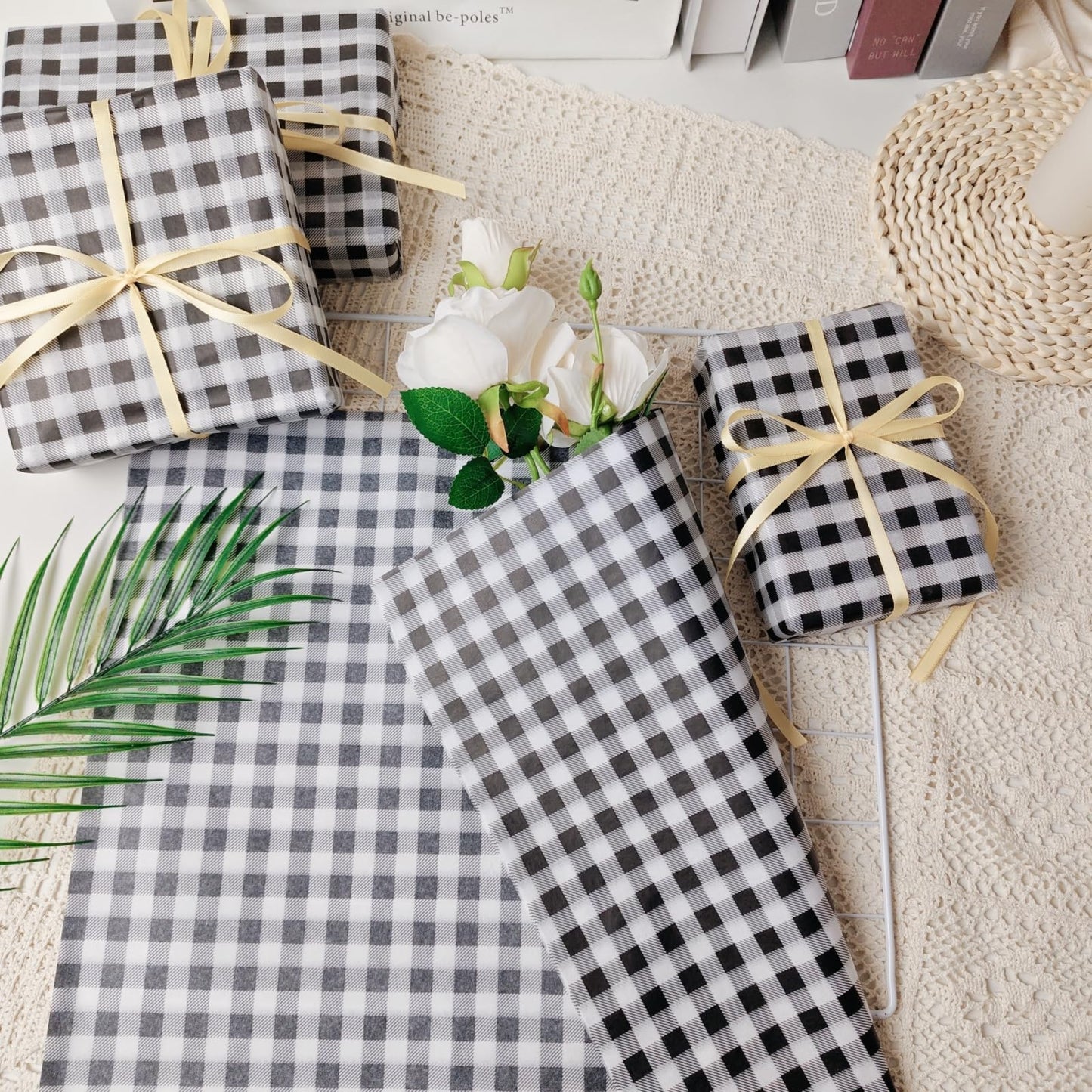 150 Sheets Buffalo Plaid Tissue Paper Gingham Black and White Checkered Tissue Paper Bulk Gift Bags Wrapping Tissue for Christmas DIY Art Craft Wedding Birthday Baby Shower Decor, 14 x 20 Inches