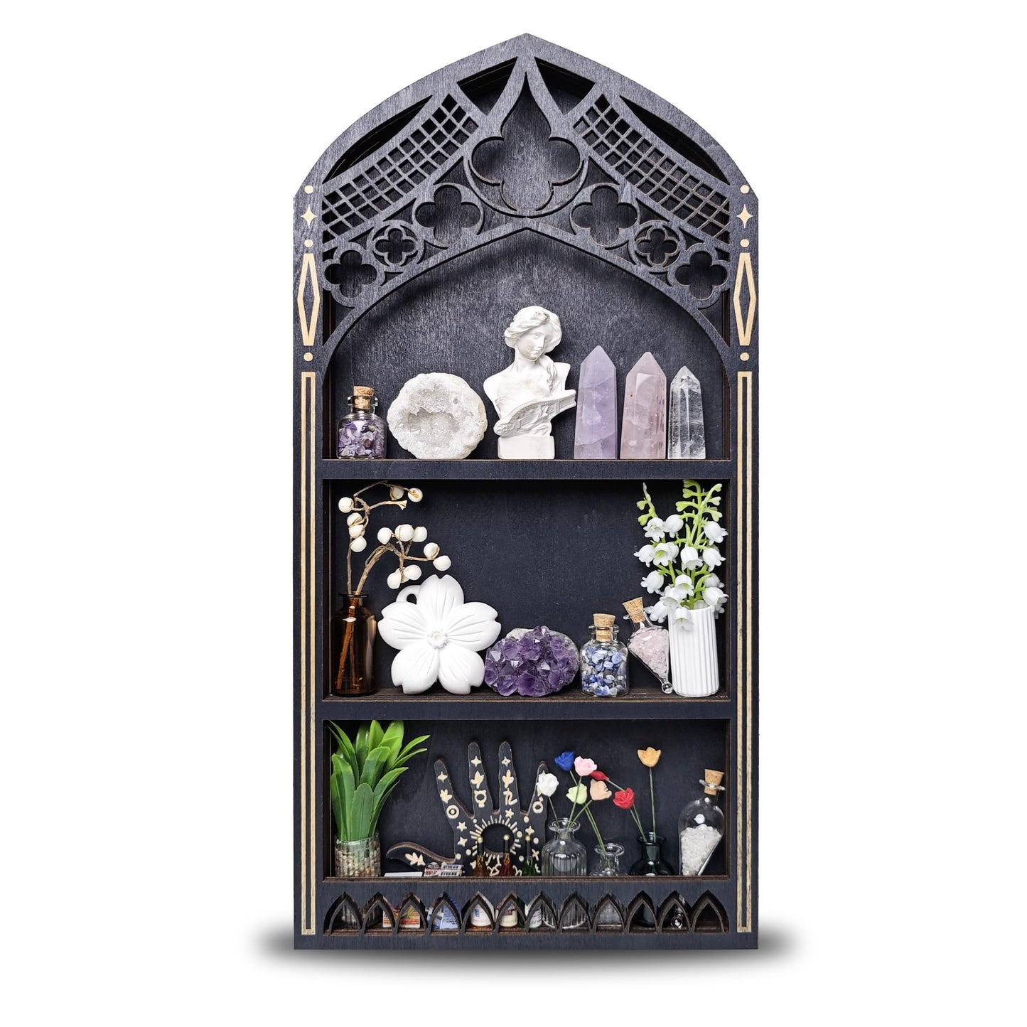 Gothic Window Crystal Shelf Display for Wall, Wooden Gem Stone Rock Storage Holder Trinkets Organizer, Wall Mount Stand Case Box for Witch Wiccan Decor, Spiritual Gift for Home Bedroom Living Room