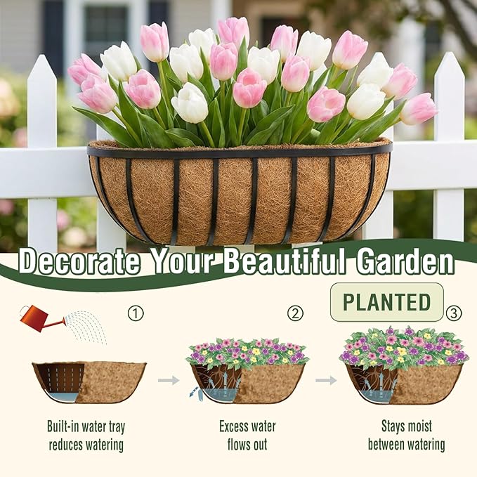 2 Pcs 36 Inch Trough Coco Liner for Window Box, 100% Natural Half Moon Coconut Coir Planter, Replaceable Coconut Fiber Liner for Window Boxes & Fence Flower Baskets (2, 36 inch)