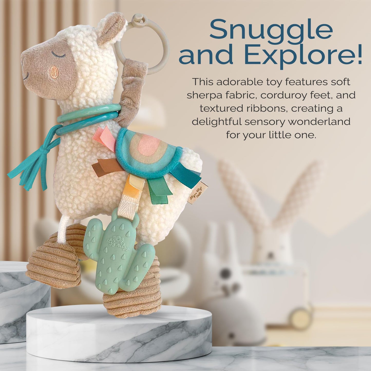 Itzy Ritzy Link & Love Toy for Stroller or Car Seat – Features Textured Ribbons, Crinkle Sounds, Clinking Rings & Silicone Teether – Designed For Ages 0 Months and Up (Llama)