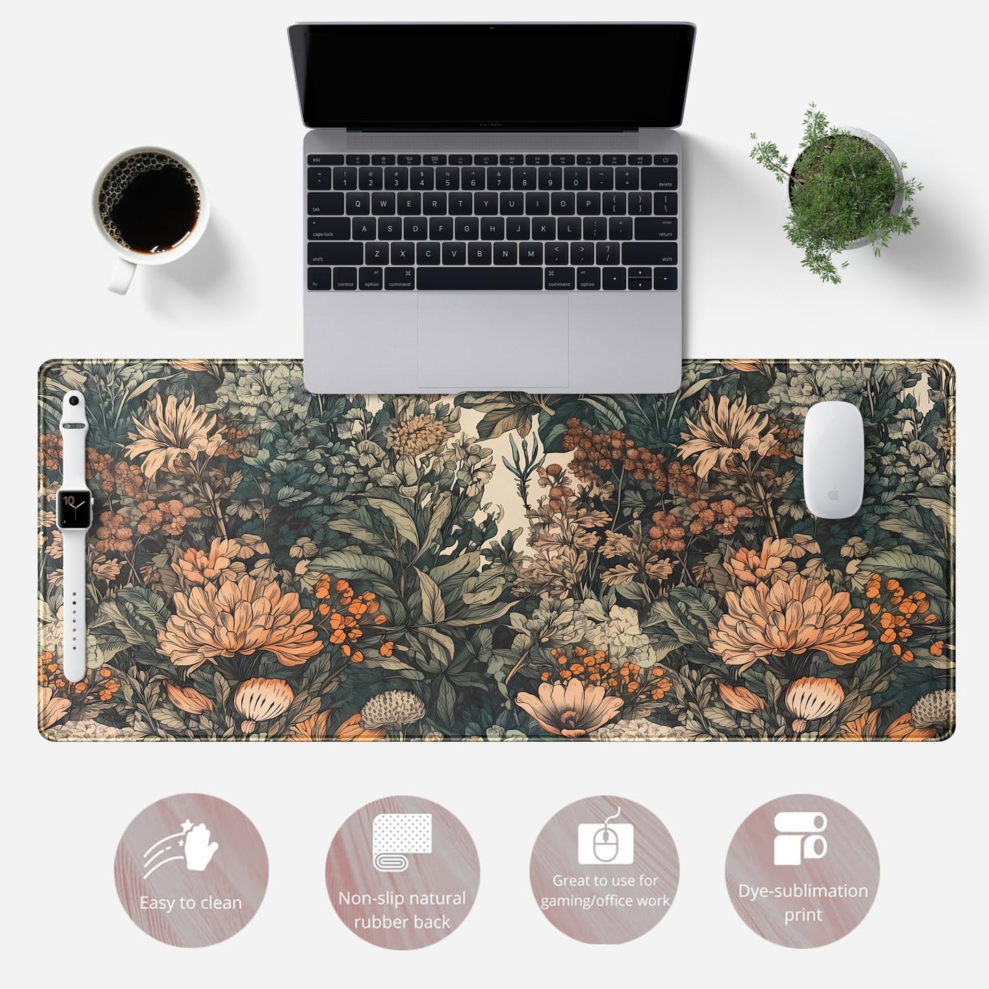 Flower Vintage Desk Pad Aesthetic Desk Mat Flower Mouse Pad Computer Big Mousepad Non-Slip Base Gaming Keyboard Giant Mouse Pad Computer Mat for Laptop Office with Stitched Eges 31.5x11.8 in