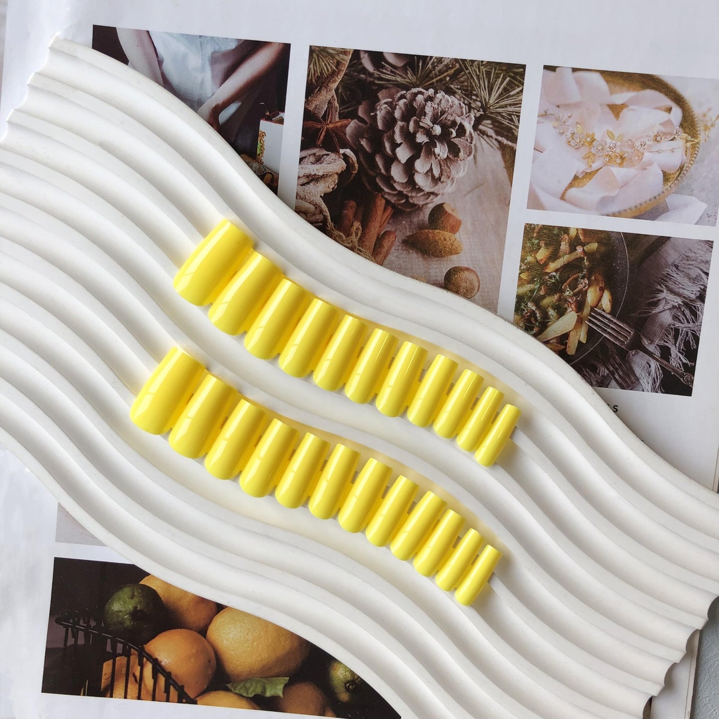 KQueenest Yellow Press On Nails Long Medium Coffin Gloss Bright Solid Color Full Cover Long Medium Fake Nails For Women, Thick Acrylic Glue on Nails for Daily Wear, 24 Pcs