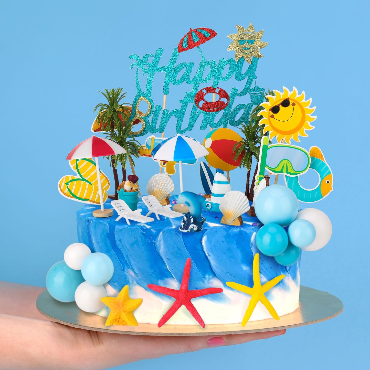 Guiqulai 33Pcs Summer Beach Cake Toppers, Hawaiian Ocean Pool Party Decorations for Birthday Cakes & Cupcakes, Tropical Blue Surfboard Starfish Coconut Tree Mini Figurines