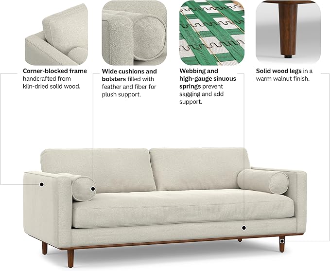 SIMPLIHOME Morrison 89-inch Wide Sofa in Cream White Woven-Blend Fabric, Handcrafted Mid-Century Modern Couch for Living Room or Family Room, Single Bench Cushion, Bolster Pillows