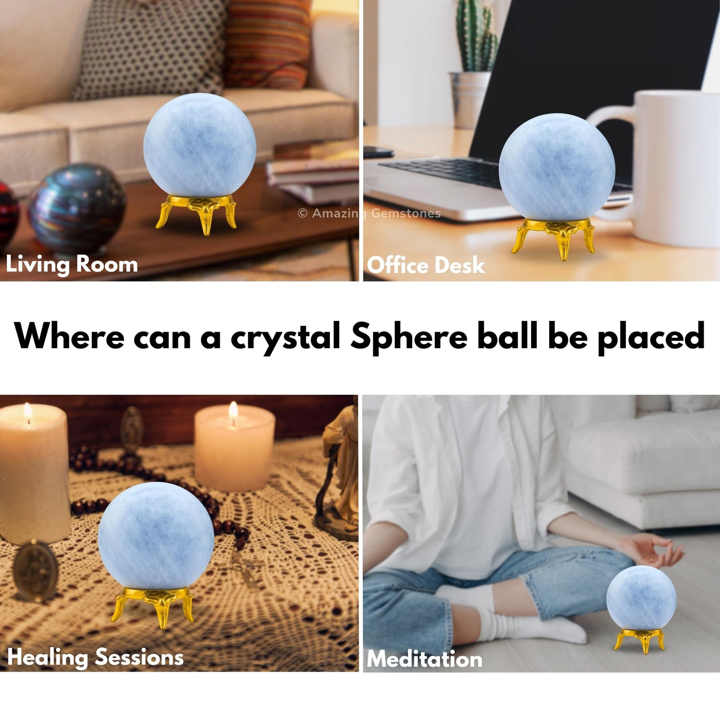 Amazing Gemstone Blue Calcite Crystal Ball with Stand - 2" Inches Crystal Sphere Meditation Balls for Witchcraft and Decorative Balls