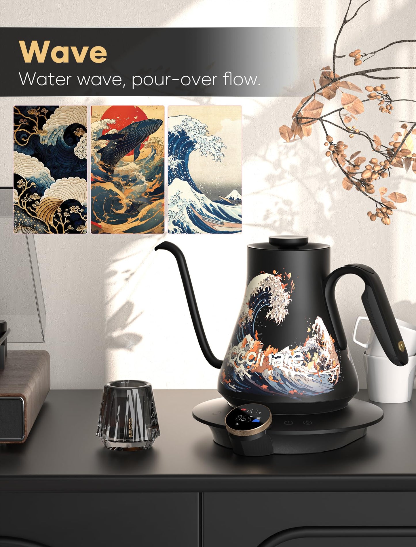Cocinare Gooseneck Electric Kettle, ±0.5°F Precise Temperature Control, 1500W Fast Heating, Pour-Over Coffee & Tea, Stainless Steel, 0.9L (Artisan Wave Design)