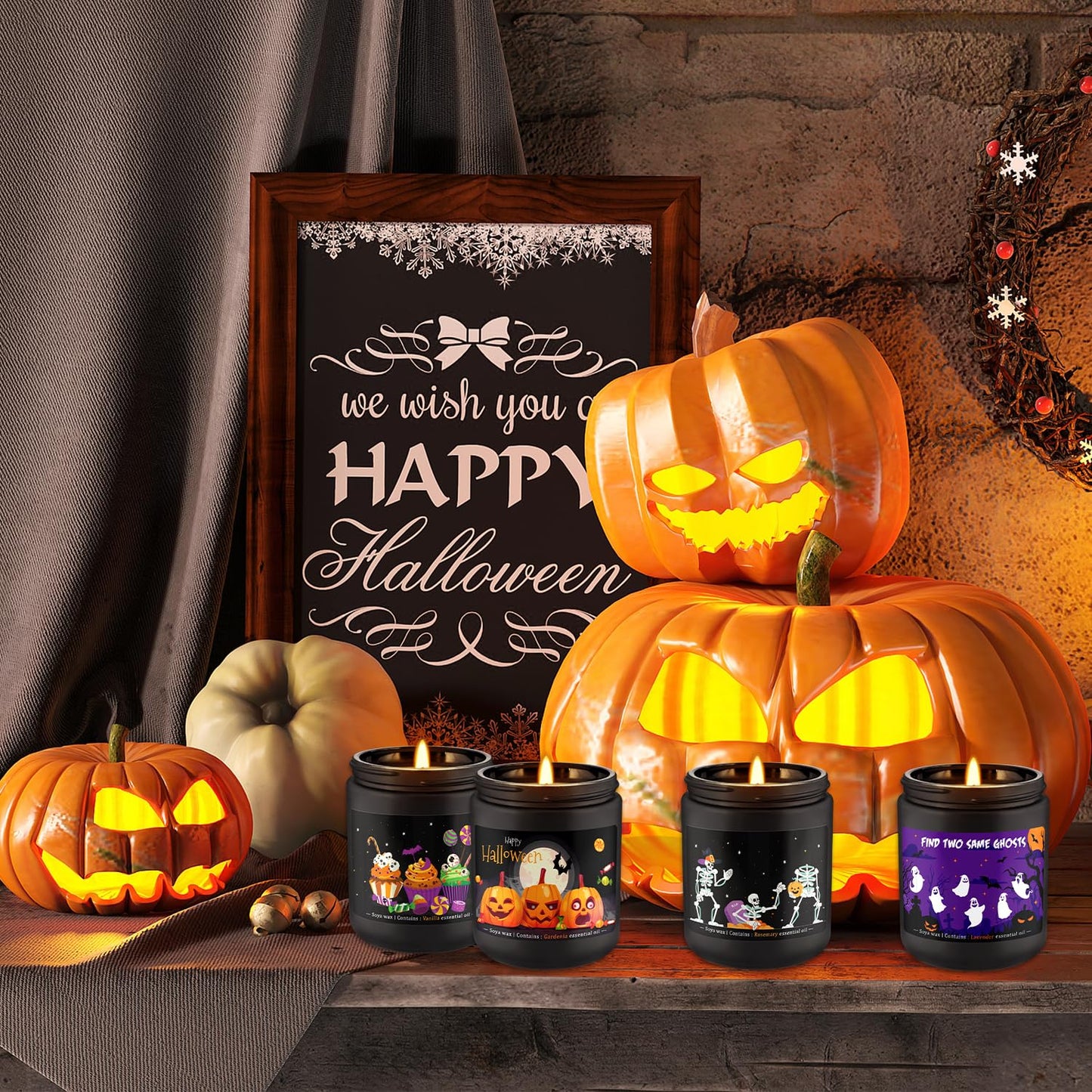 Grcdoyvl Halloween Scented Candles Set of 4 (7oz Each) – Spooky Aromatherapy Soy Wax Candles with Bat & Ghost Designs, Smokeless for All Saints' Day, Home Decor & Festive Gifts