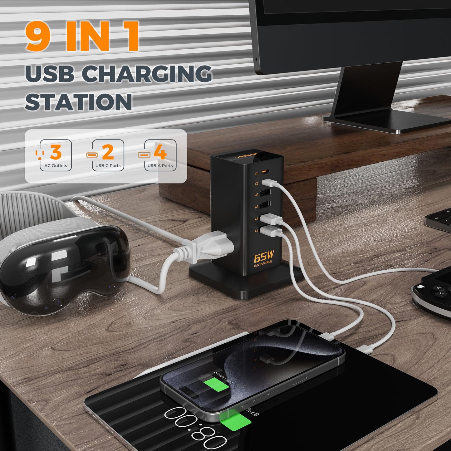 Charging Station for Multiple Devices, TESSAN 9-in-1 USB C Power Strip for iPhone 17/16/15, MacBook, Tablet, Desktop Phone Fast Charger with 3 AC, USB Charger, Home Drom Office Accessories, Black-65W