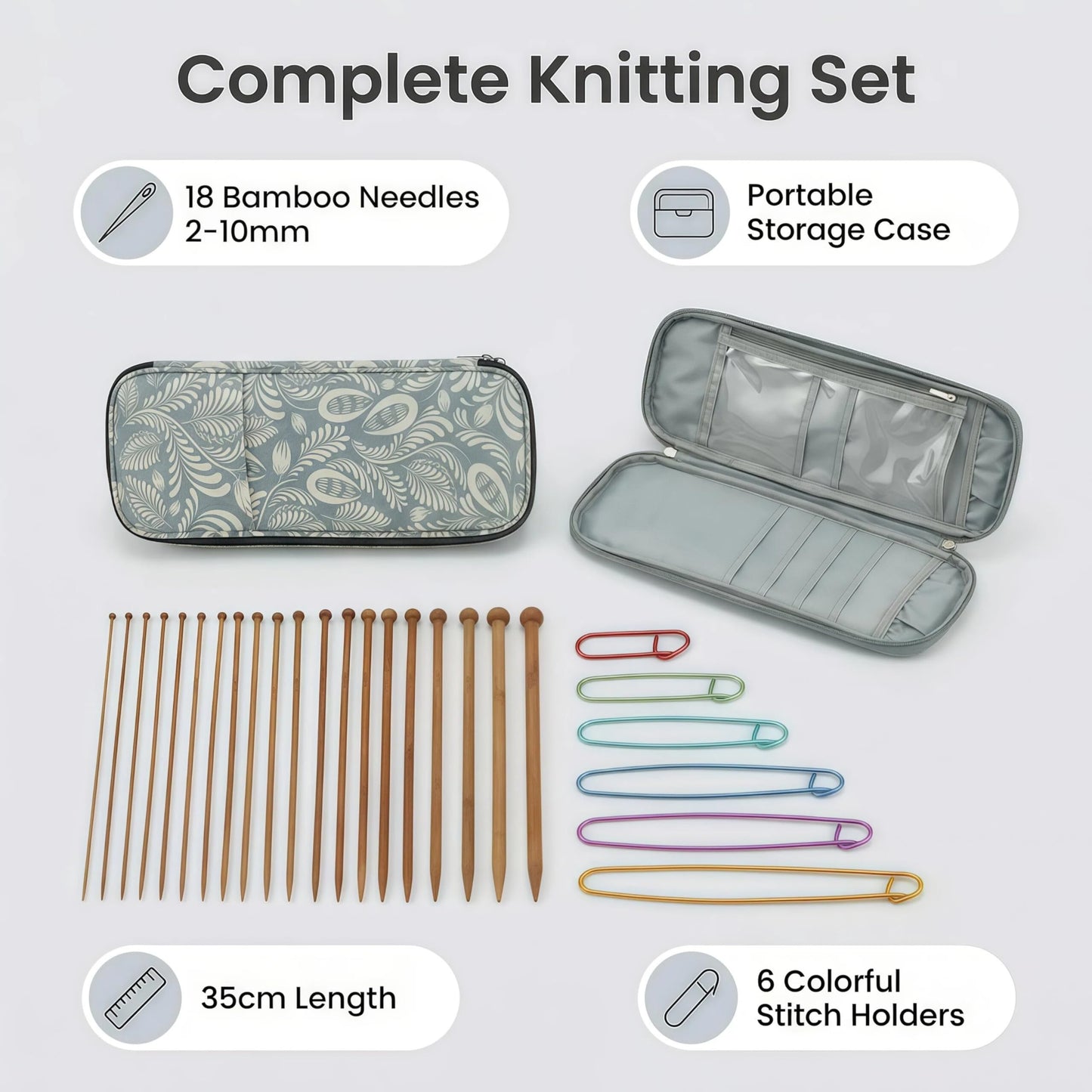 9 Pairs Bamboo Knitting Needles Set,13.8 in Long Natural Wooden Knitting Needle, Single Point Straight Wood Needles with Pouch, Knitting Needle for Beginners Making Sweater, Shawl, Scarf