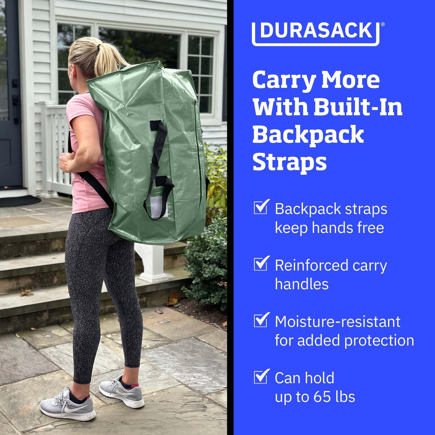 DURASACK Heavy Duty Moving Bag Storage Container Duffle Bag with Zipper, Reinforced Carry Straps and Backpack Straps, Made of Rugged Woven Polypropylene, Pack of 4, Sage