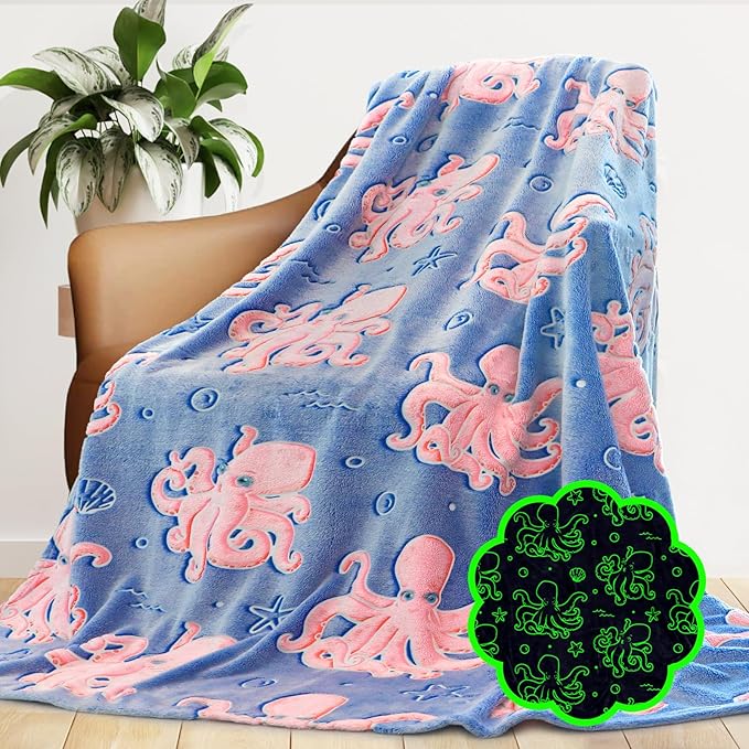 Octopus Blanket Twin Size Glow in The Dark Ocean Blanket Soft Octopus Gifts Toys Decor Blue Fleece Kids Throw for Christmas Birthday