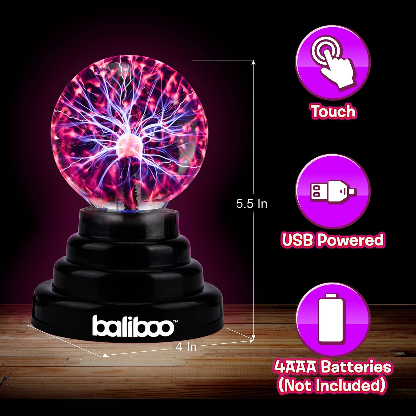 BALIBOO 3" Mini Plasma Ball Light – Touch Activated Lightning Globe – USB and Battery Powered Plasma Globe Lamp – Interactive Science Static Electricity Ball