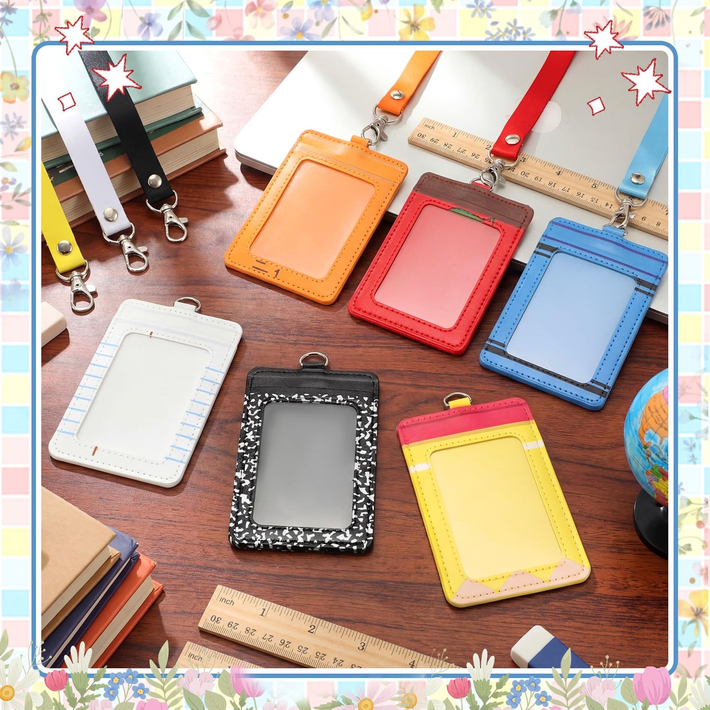 Harloon 6 Pcs Teacher ID Badge Holder with Lanyard Teacher Appreciation Gifts PU Cute Composition Notebook Pencil Crayon Apple ID Badge Holder for Teachers' Day Stuff Office Graduation Gift (Colorful)