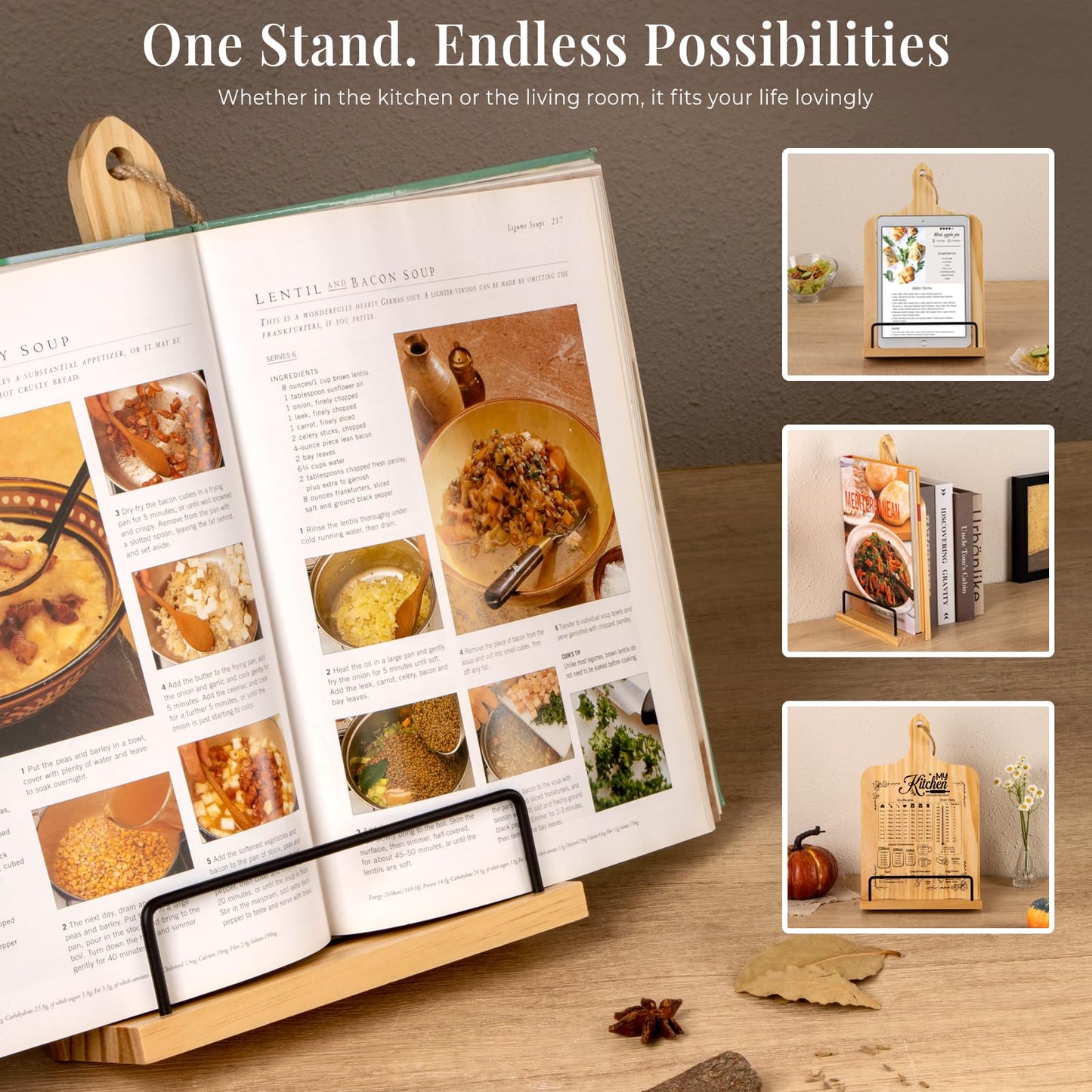 PUERSI Cook Book Stand for Kitchen Counter, Wooden Recipe Book Holder with Measurement Conversion Chart, Adjustable Cookbook Stand, Kitchen Gifts for Cooking Lovers