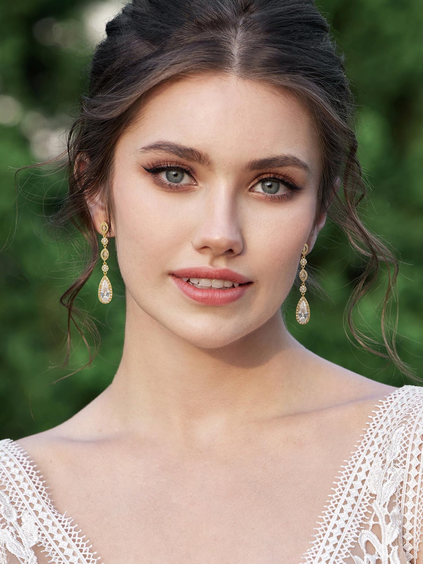 SWEETV Long Pear-Shaped Rose Gold Wedding Birdal Earrings for Brides, Bridesmaids, Crystal Chandelier Dangle Drop Earrings for Women Prom, Gold