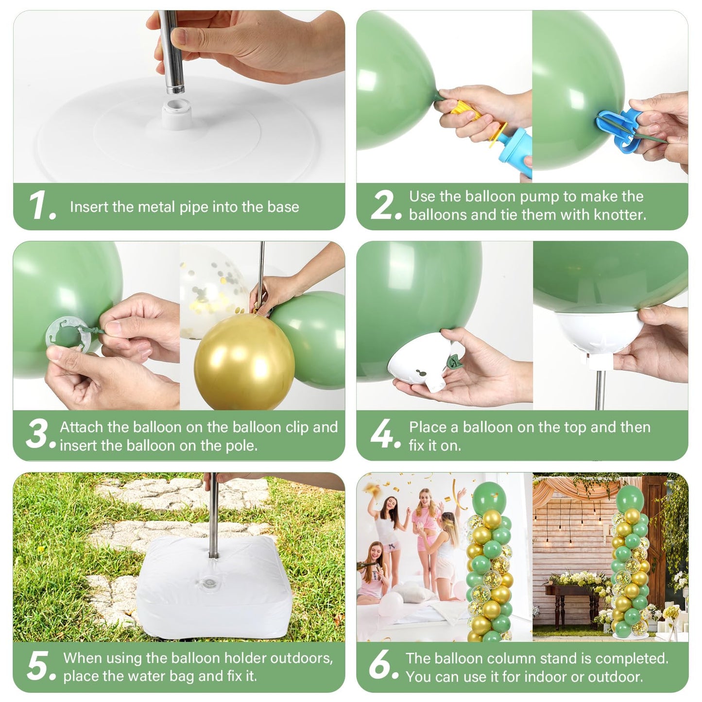 2 Sets Sage Green Balloon Column Stand Kit with 100 Balloons Spring Graduation Adjustable Balloon Tower Stand with Bases Olive Green Gold Column for Mother's Day Birthday Wedding Party Decor