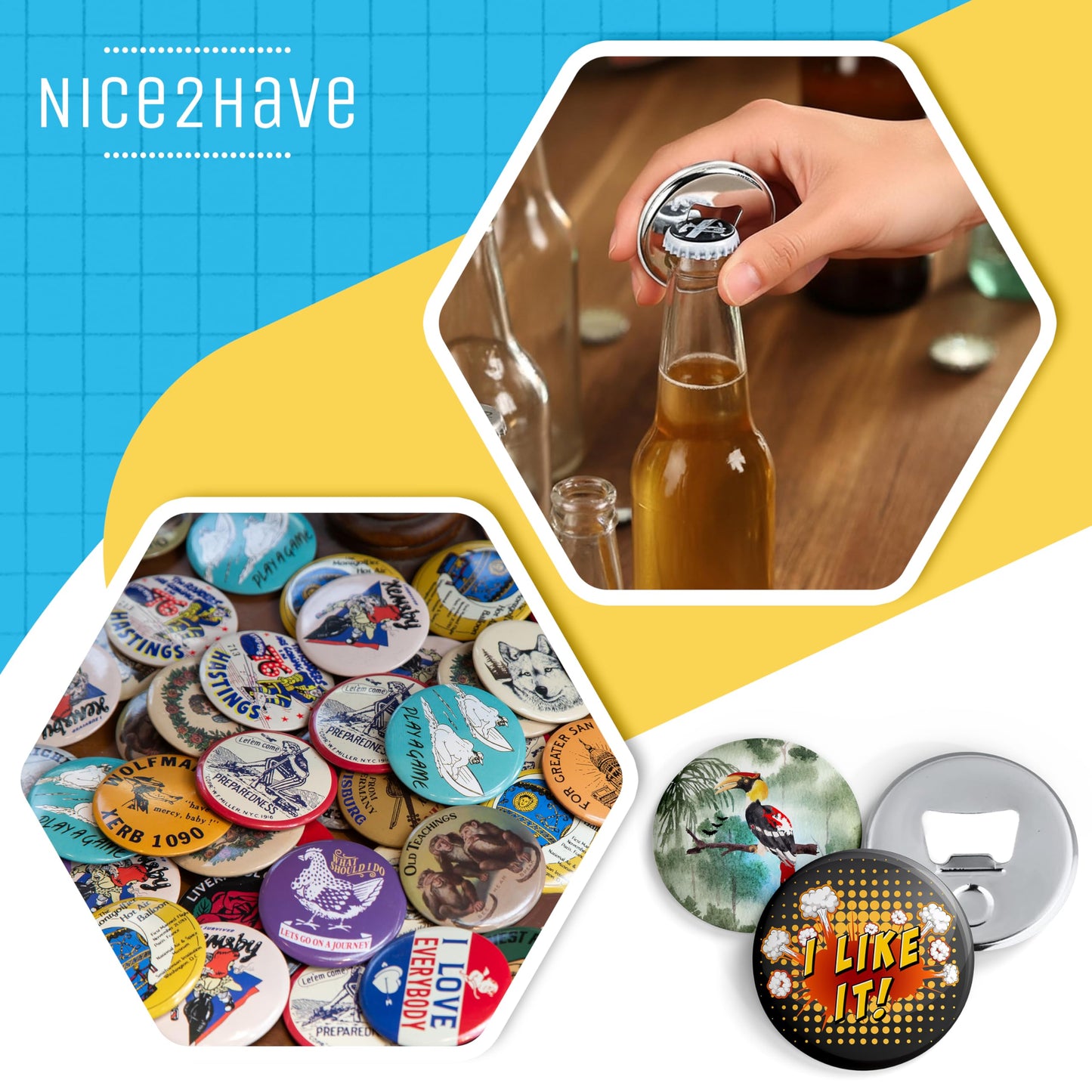 Nice2Have 25 Sets of Bottle Opener Buttons 2.25 inch (58mm) - Button Maker Supplies for Button Maker Machine