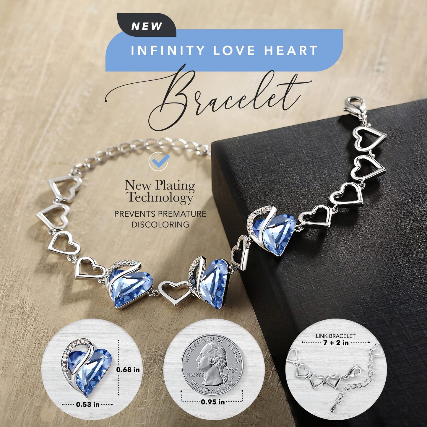 Leafael Infinity Love Heart Gift Bracelet for Women, March & December Birthstone Crystal, Light Sapphire Blue, Silver Tone, 7-inch Chain and 2-inch Extender