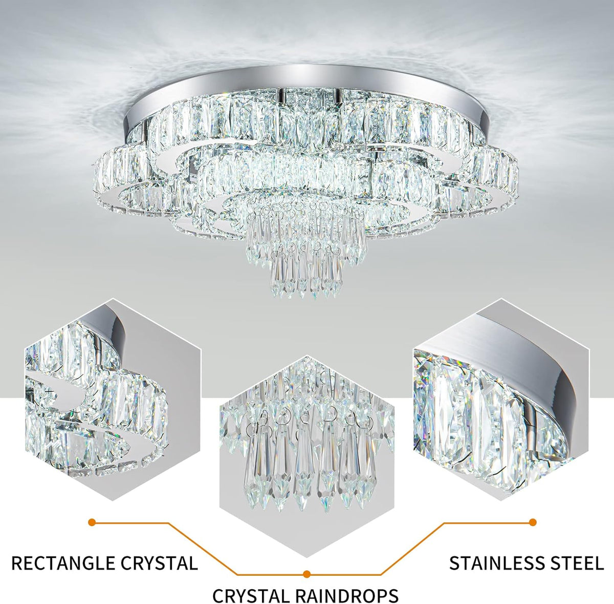 21 Inch Crystal Chandeliers with Remote Control LED Chandelier Modern Mount Flush Mount Chandelier Ceiling Light Fixtures for Bedroom Living Room Dining Room(Dimmable)