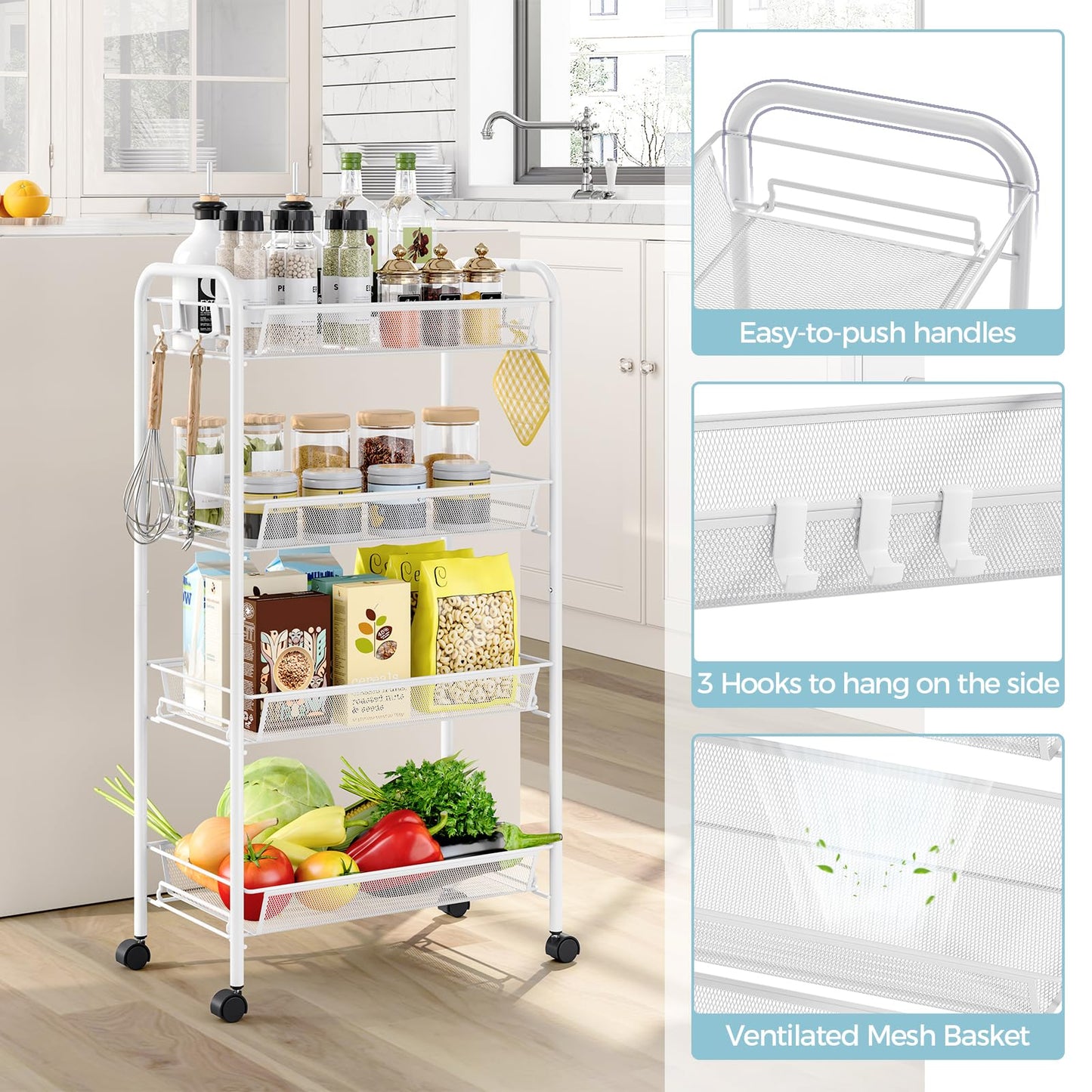 SYKIARIOL 4-Tier Metal Utility Cart, Mesh Wire Rolling Cart on Wheel, Storage Trolley with Easy Assembly, Organizer Craft Cart 3 Hooks, Mobile Shelving Unit for Bathroom, Laundry Room, Home