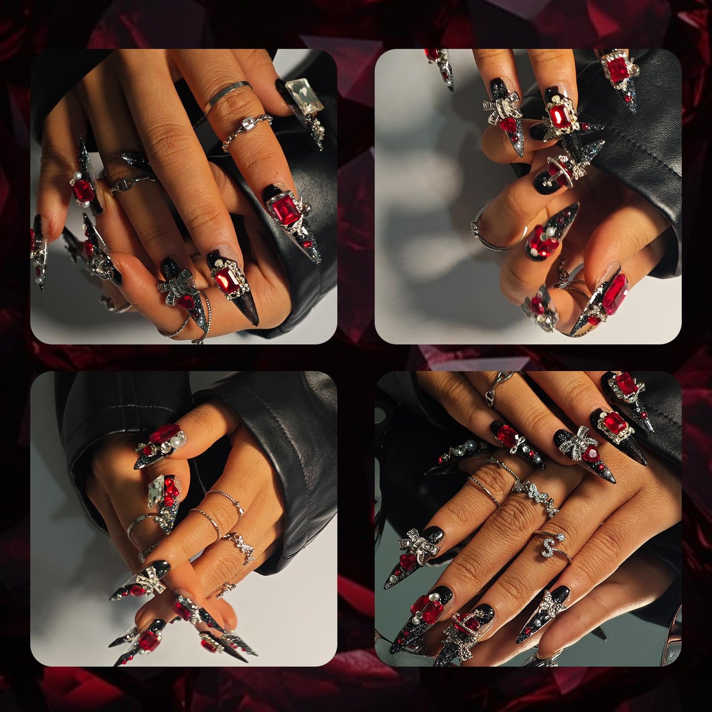 Handmade Press On Nails Stiletto, Black press on nails Long, Goth Red Rhinestone Glitter Nails For Women Gift, Reusable Stick On Fake Nails Kit With Nail Glue (Goth Charm, L)