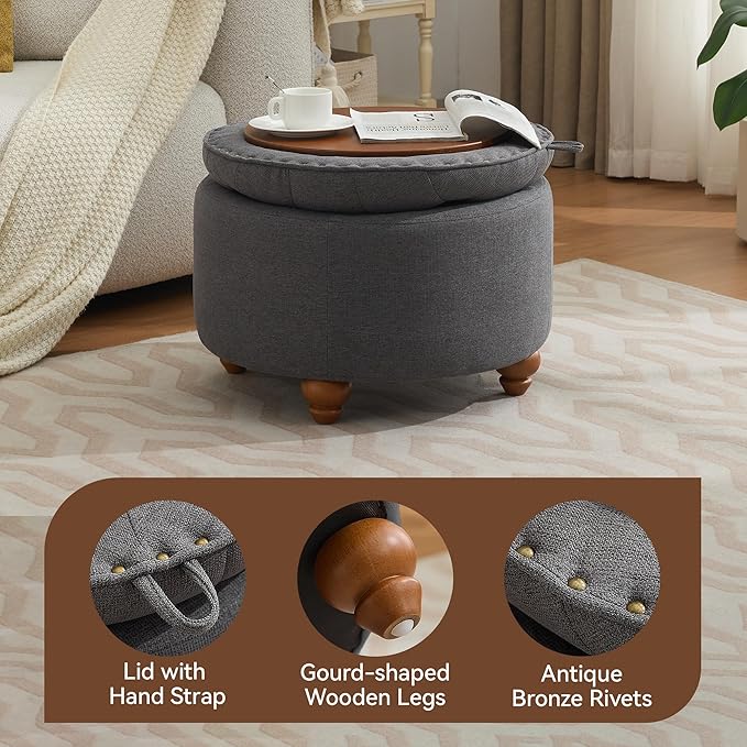 24Inch Round Storage Ottoman with Tray, Modern Tufted Fabric Circle Coffee Table with Storage, Upholstered Ottoman with Removable Top for Living Room, Bedroom, Dark Grey