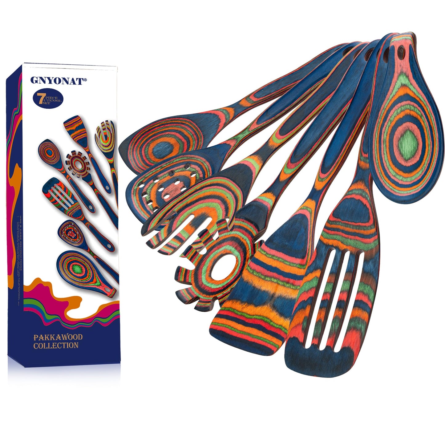 Pakkawood Blue Wooden Kitchen Utensil Set, 7-Piece Cooking Spoons, Non-Stick Colorful Serving Tools with Decorative Pattern