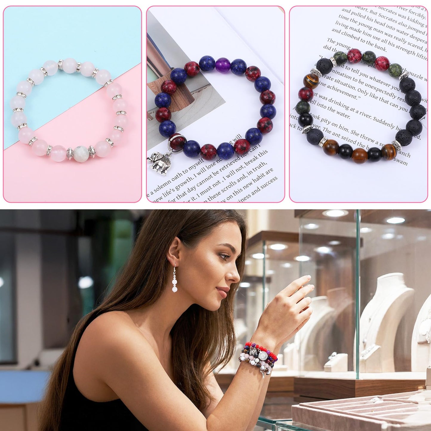 Ckhoid 473PCS Natural Stone Beads, 6mm Round Crystals Bead Bulk, Charm Bracelet DIY Making Kit, Gemstone Beads Jewelry Making Supplies for Friendship Couples Lovers Bracelets