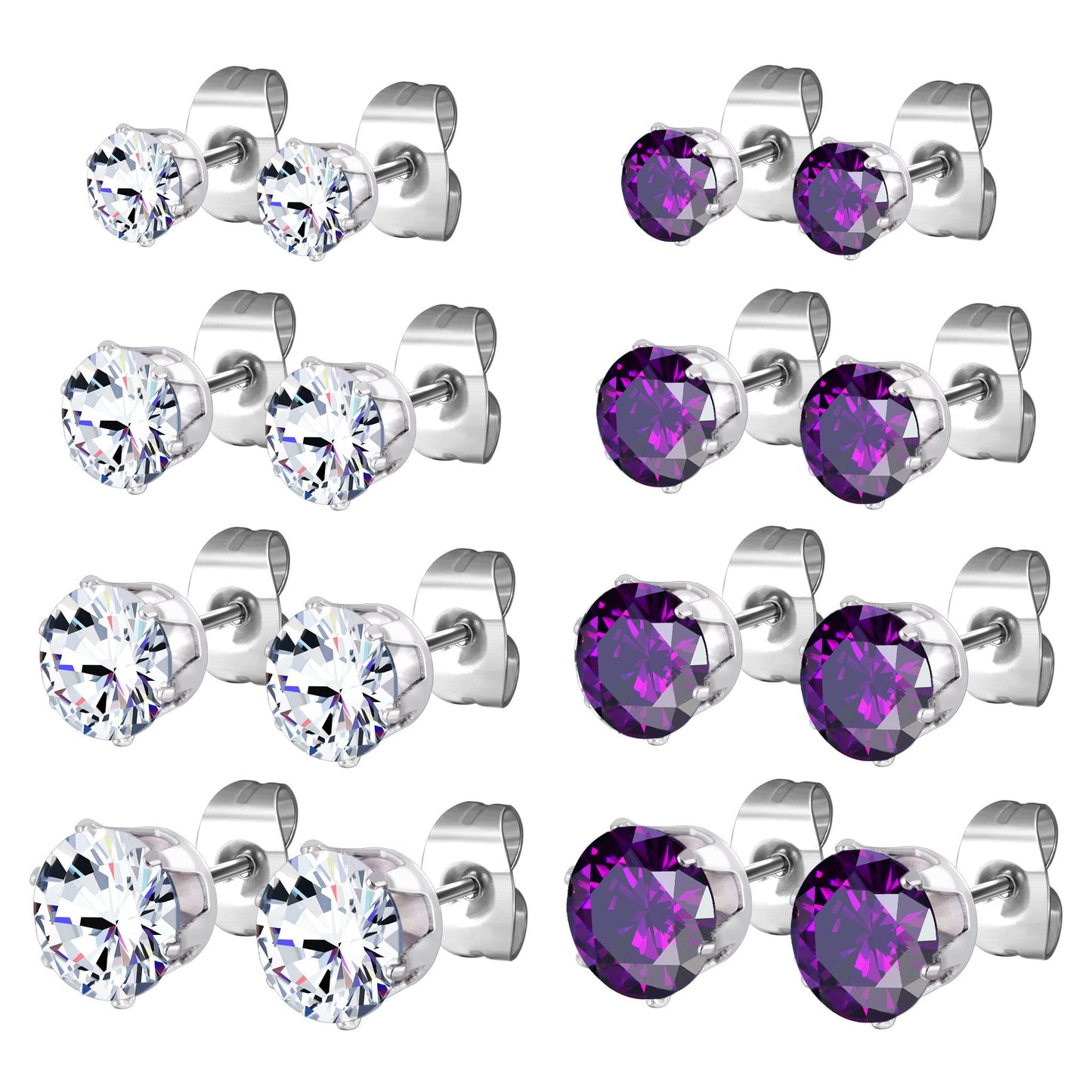JewelrieShop Earrings for Women Studs Set Stainless Steel CZ Earing Hypoallergenic Multiple Piercing Ear Stud (8 pairs,4-8mm,White,Purple CZ)