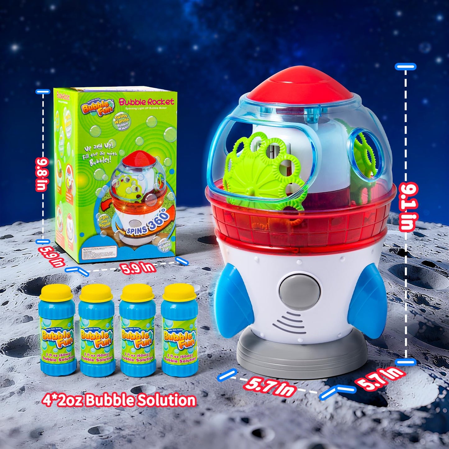 Rocket-Shaped Bubble Machine for Kids & Pets - Dual Powerful Bubble Outlets, Automatic 360° Rotation, Adjustable LED Lights & Music – Ideal for Indoor/Outdoor Birthday Parties